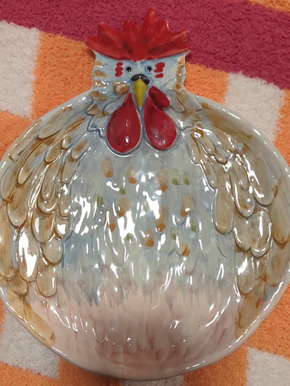 Hand-Painted Ceramic Rooster Fish Bowl Accent - Red, Cream, Brown